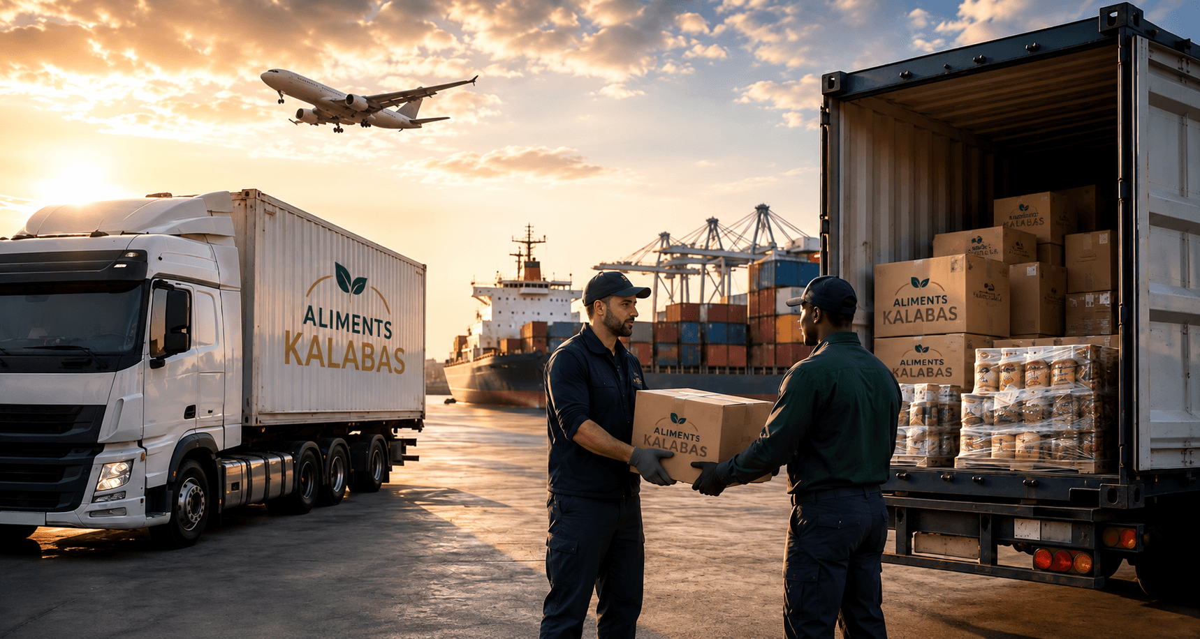 Deux manutentionnaires échangeant des colis dans un port de commerce international au coucher du soleil
